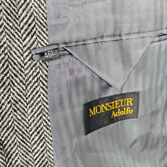 Monsieur Adolfo Men's‎ Tweed Sport Coat Blazer Two Button Gray Herringbone 46L - Picture 14 of 14